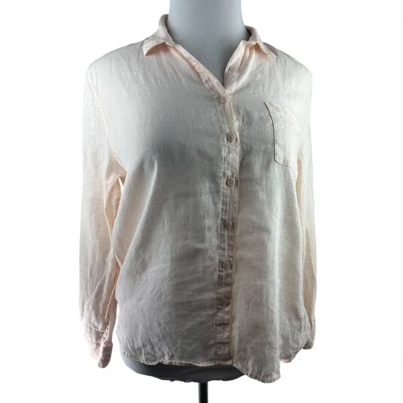 Garnet Hill Linen Button Up Pocket Shirt Light Pink Sheer Long Sleeve Size 12 - Picture 6 of 16